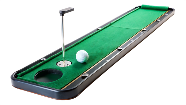 Green putting mat with golf ball and flag isolated on a transparent background image