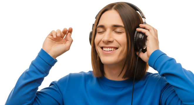 Happy young man with long hair listening to music on headphones with eyes closed, isolated on white.