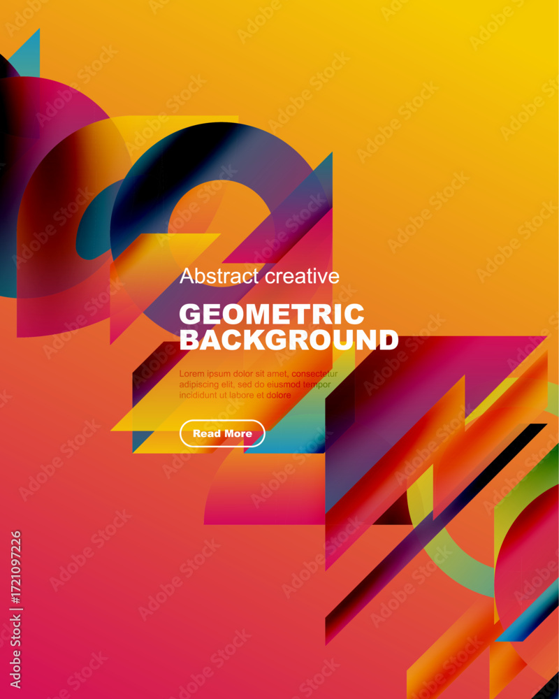 Poster bright abstract geometric background. vivid colors, overlapping shapes create dynamic visual effect.
