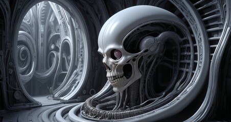 Futuristic Biomechanical Skull in Sci-Fi Environment
