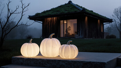 Three modern pumpkins on raw concrete steps. Their warm white glow and the cabin's sophisticated aesthetic are highly appealing to buyers.