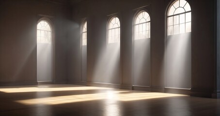 Sunlight Streaming Through Arched Windows in Empty Room