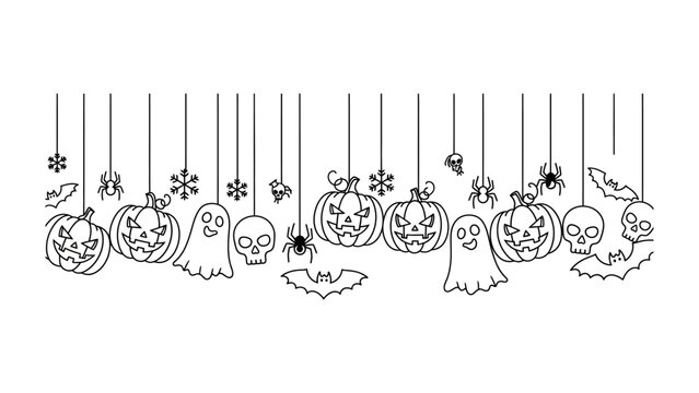 Spooky Halloween Banner: A minimalistic illustration banner featuring a string of hanging Halloween icons. The banner adds a touch of spooky festivity to your project. 