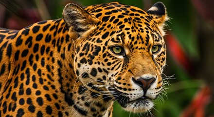 Obraz premium Majestic jaguar with striking green eyes gazes intently from lush jungle foliage
