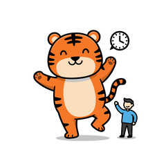 Funny Cartoon Tiger with Person and Alarm Clock