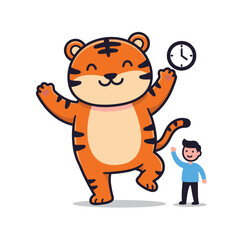 Cute Tiger Cartoon with Person and Clock