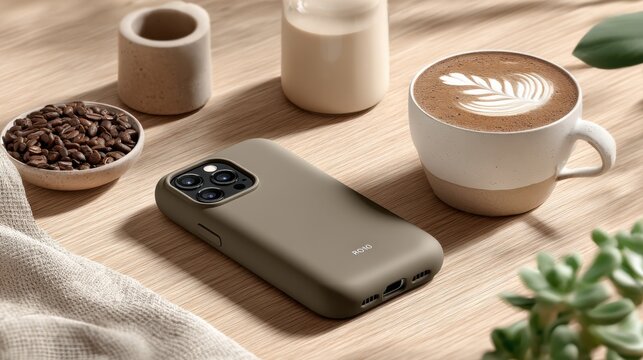 Elegant phone case on wooden surface with coffee cup, coffee beans, plant, and decorative items in soft natural lighting
