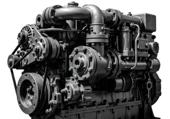 Fototapeta premium Heavy duty diesel engine isolated on white background, a powerful machine for industrial use