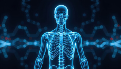 Human skeleton ribcage spine skull glowing anatomy medical imaging blue neon frontal view