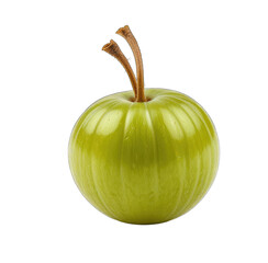 Single, round, vibrant green fruit with two brown stems