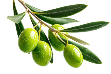 Freshly harvested green olives on a branch with lush leaves against a transparent background