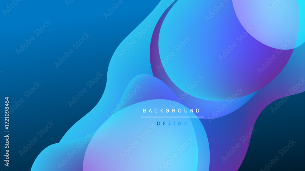 Poster abstract fluid shapes overlap, creating vibrant blue gradients. dark background emphasizes flowing f