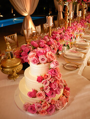 Elegant Outdoor Wedding Reception Dinner With a Beautiful Floral Cake and Romantic Table Setting