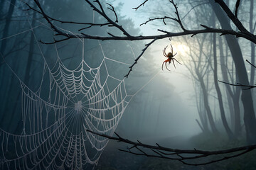 PNG transparent image of a spooky spider web with hanging spider, perfect for Halloween decorations, party invitations, posters, and creepy designs.