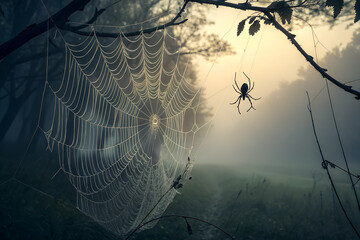 PNG transparent image of a spooky spider web with hanging spider, perfect for Halloween decorations, party invitations, posters, and creepy designs.