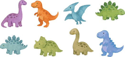 Collection of watercolor vector illustartions of various types of colorful dinosaurs in childish cartoon style