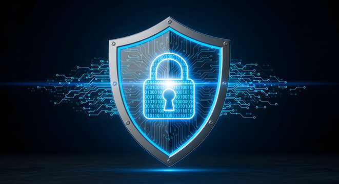 Cybersecurity Shield: A digital shield, a beacon of security in the modern era. A graphic representation of a lock, standing as a sentinel against digital threats. A shield, a symbol of protection.