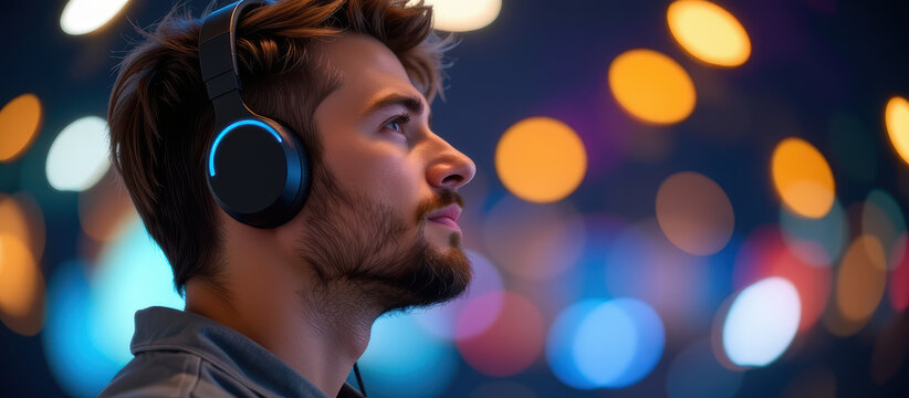 Young man with headphones listening to music at night with bokeh lights