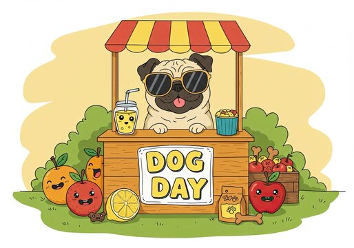 A cartoon pug dog in sunglasses stands behind a booth with a dog day sign. Illustration for animal celebration and pet themed design.