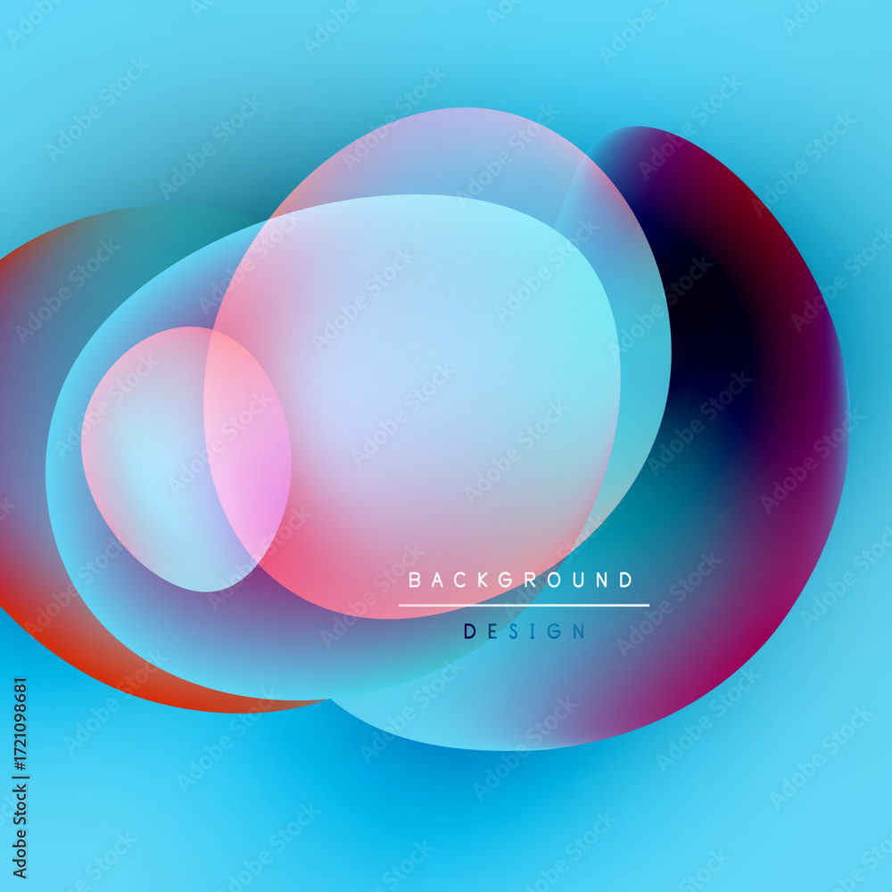 Poster abstract colorful shapes overlap, creating vibrant gradients. blue dominates background, with pinks,