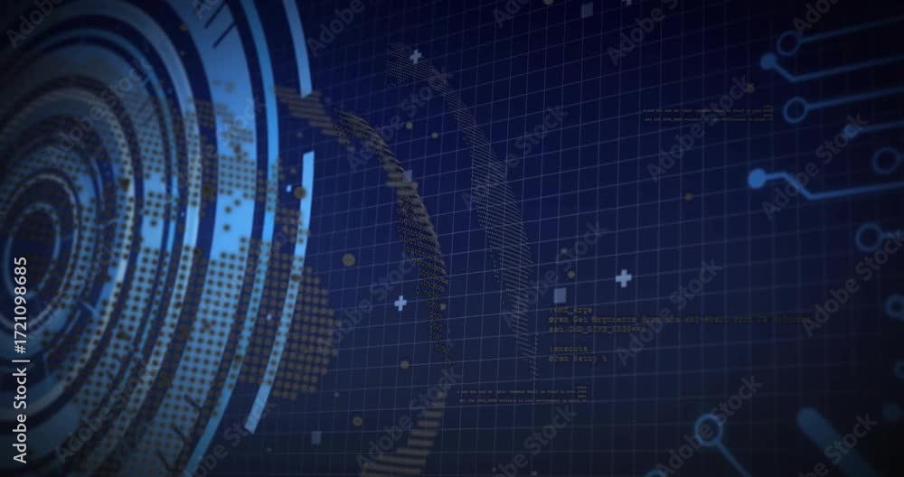 Poster grid filling pulsing interface rings rotating globe animating code circuit lines showing data flow