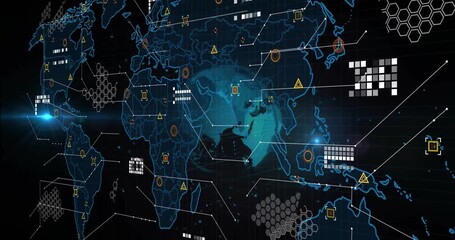 Glowing world outline fading starting rotating 3D globe shifting into map visualizing data overlays - Powered by Adobe