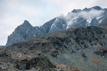 Snow-covered peaks of Altai mountains in the evening light, Akchan valley, the Altai Republic, Russia