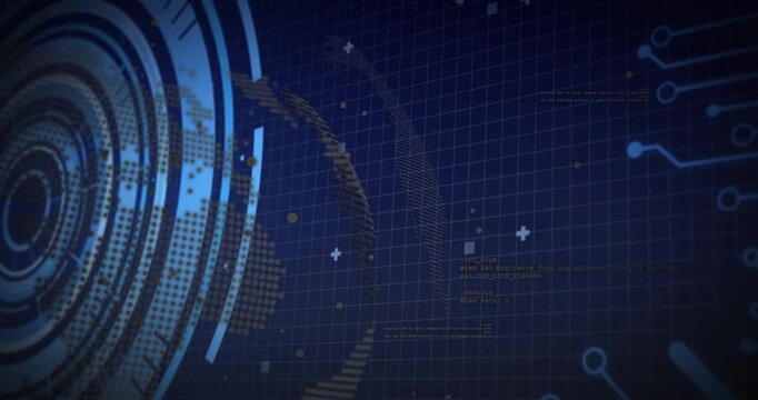 Grid filling pulsing interface rings rotating globe animating code circuit lines showing data flow
