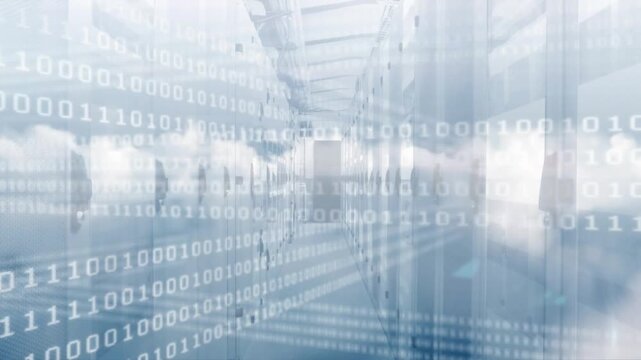 At start cloud binary overlays drifting across server rack aisle advancing visualizing data fusion
