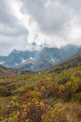 Akchan valley in august with peaks of Altai mountains in the background covered with clouds, Russian Federation