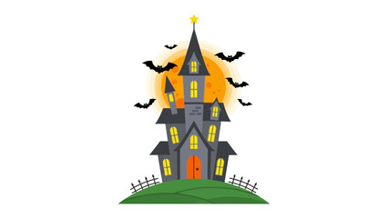 Haunted House: A spooky haunted house stands silhouetted against a full moon, with bats swirling around it, conveying the essence of Halloween night.