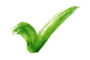 Hand-painted green watercolor check mark isolated on a solid transparent background.