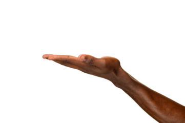 An outstretched human hand with the palm facing upward, fingers extended together in a flat, open gesture, isolated on a transparent background.