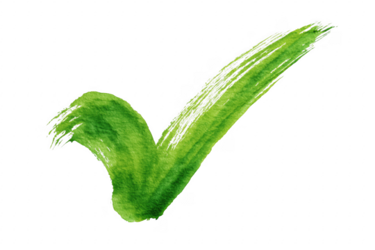 Hand-painted green watercolor check mark isolated on a solid transparent background.