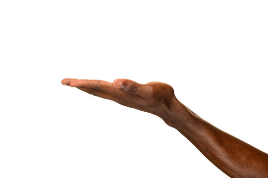 An outstretched human hand with the palm facing upward, fingers extended together in a flat, open gesture, isolated on a transparent background.