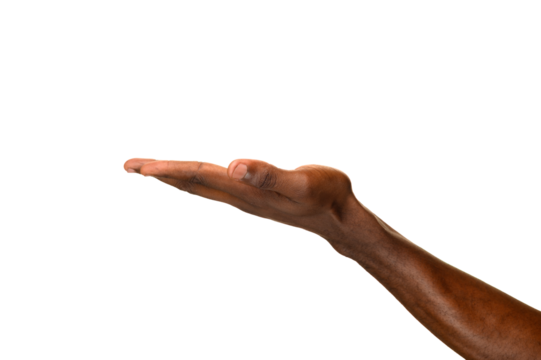 An outstretched human hand with the palm facing upward, fingers extended together in a flat, open gesture, isolated on a transparent background.