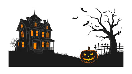 Halloween Silhouette: A spooky haunted house sits ominously on a hill, a carved jack-o'-lantern with an eerie glow stands beside a silhouette tree, capturing the chilling essence of Halloween. © AJM