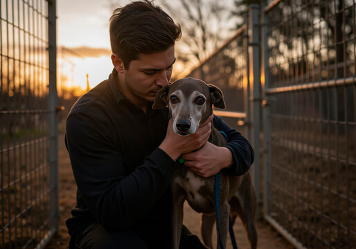 Young man embracing a greyhound dog at sunset, showing love and care. Animal rescue and pet adoption. - Powered by Adobe