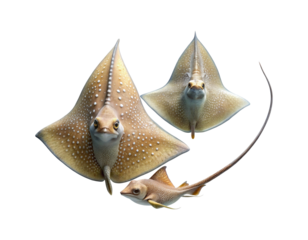 Underwater Trio Three Stingrays with Spotted Patterns on a White Background