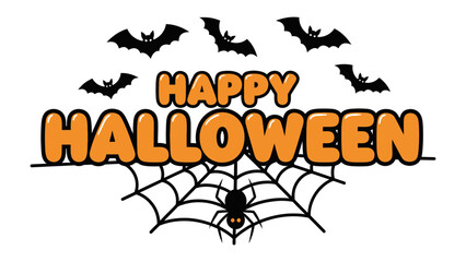 Fototapeta premium Spooky Halloween Illustration: A festive graphic design features the words Happy Halloween, complemented by a spiderweb, a spider and silhouetted bats, evoking the spirit of spooky season.