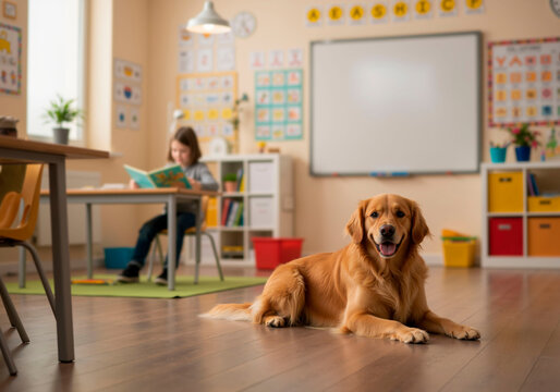 Happy golden retriever dog resting on a school floor with a girl reading a book in classroom. School pet dog day.