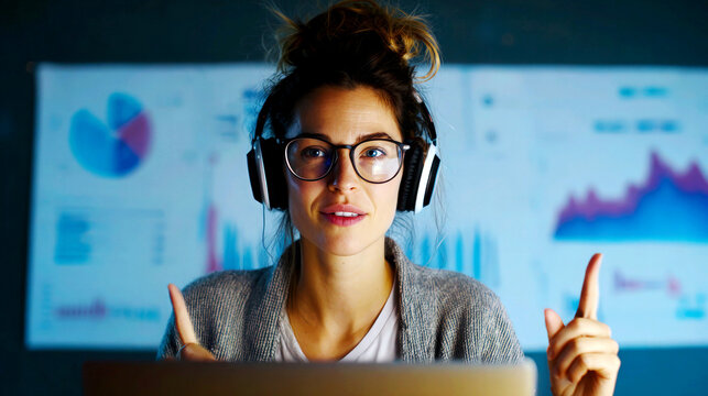 Focused young woman with glasses and headphones pointing upward, laptop glow in foreground, blurry analytics charts behind, messy bun and soft sweater, concept of online education data storytelling - Powered by Adobe