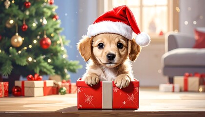 Adorable puppy in a Christmas gift box