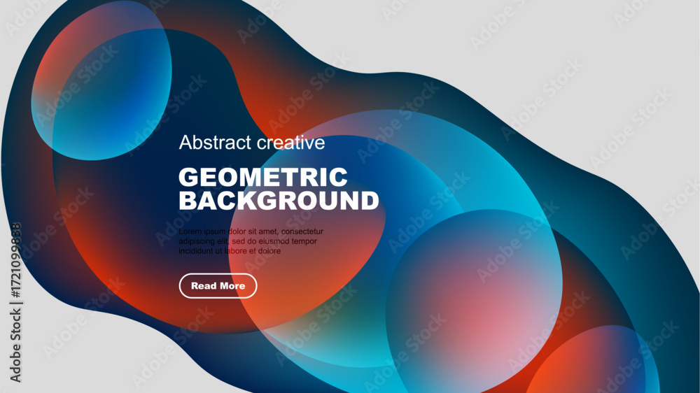 Poster abstract geometric background features overlapping colorful shapes. modern design with text, button,
