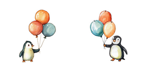 cute penguin holding balloons watercolor vector illustration © Dar