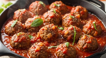 Delicious meatballs simmered in a rich tomato sauce, garnished with fresh basil leaves, are a comforting and flavorful dish.