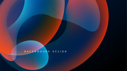 Abstract fluid shapes overlap, creating vibrant color gradients. Blue, orange hues dominate dark background. Modern design element.