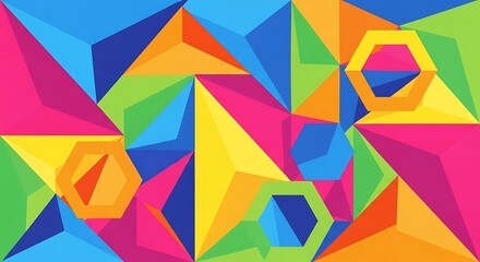 A vibrant design composed of overlapping triangles and hexagons in a spectrum of bold colors.