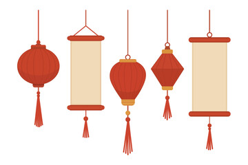 Asian decorations with Chinese lanterns, red lanterns, paper lantern for festival and New Year in Oriental style. Tassel and scroll details for a traditional look. 