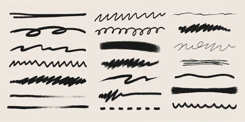 Crayon stripe set with hand drawn black textures and rough brush marks for artistic designs. Various scribbled lines with wavy, straight and zigzag patterns for children or creative illustrations .
